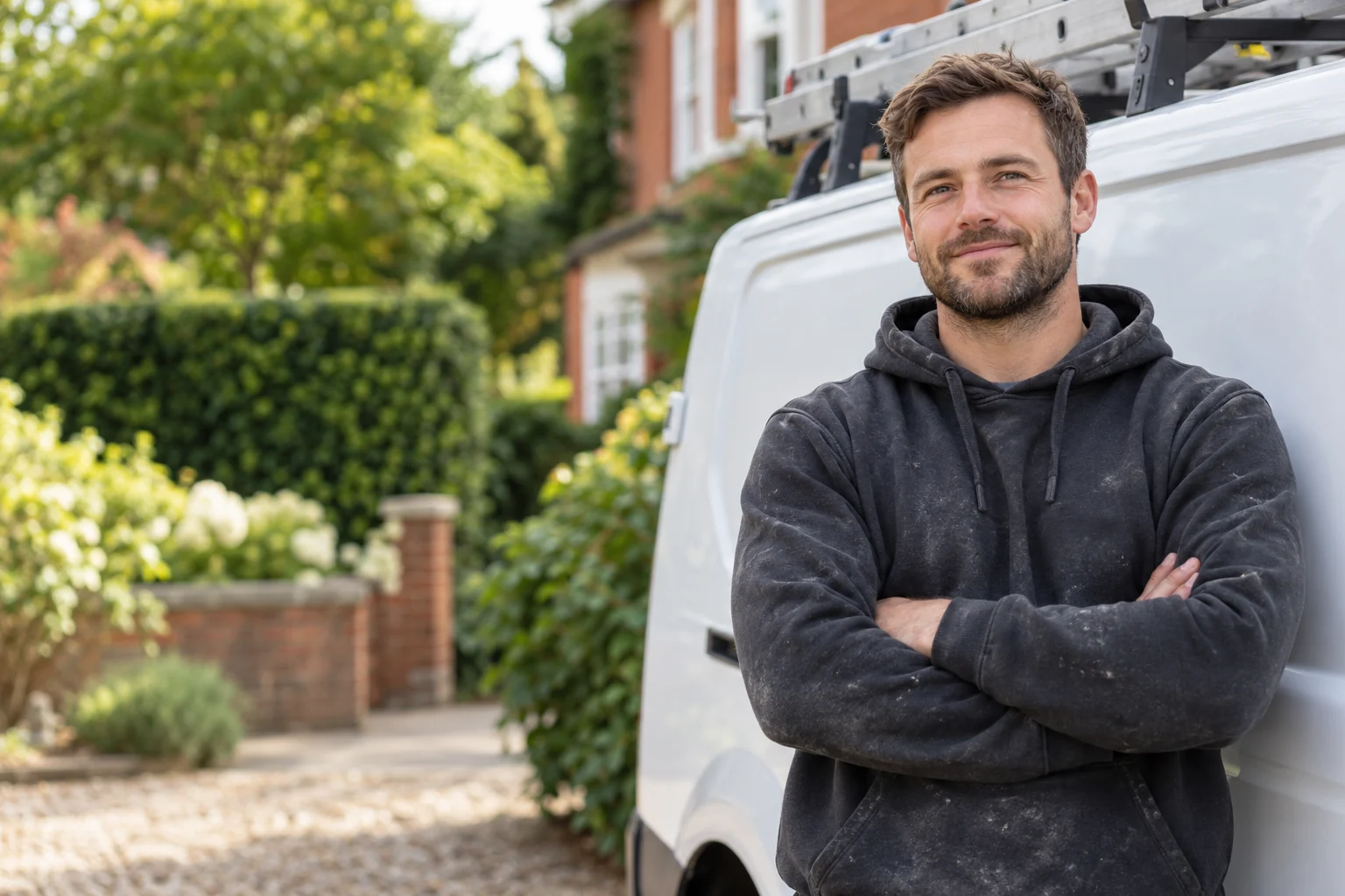 Illustrative tradesperson standing beside a white work van